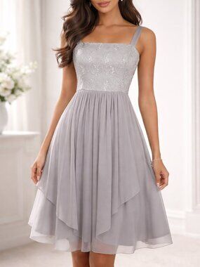 R&M Richards Women's Petite Gray Lace Sequin Chiffon Midi Dress, 6P